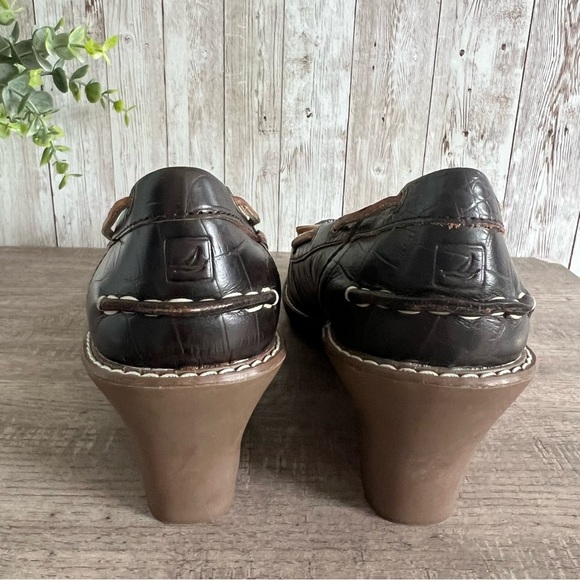 Sperry Topsider Dark Brown Embossed Leather Wedge Loafer Heels 7.5 - Picture 6 of 8